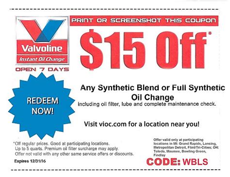 Or save to wallet on your mobile phone $7 off <b>Valvoline</b>™ Full-Service Full Synthetic or Synthetic Blend <b>Oil</b> <b>Change</b> See offer details Expires 9/24/2022 $5 off <b>Valvoline</b>™ Full-Service Conventional <b>Oil</b> <b>Change</b>. . Valvoline oil change coupons